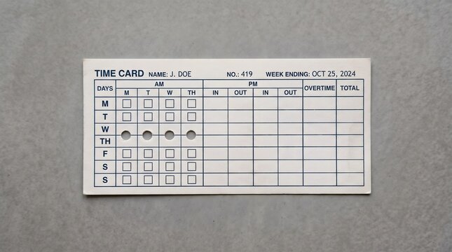 Time punch card with four holes and one empty slot, four day workweek concept