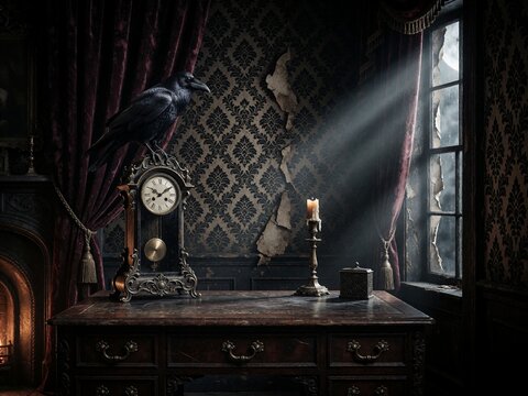 Gothic still life with a raven on an antique clock