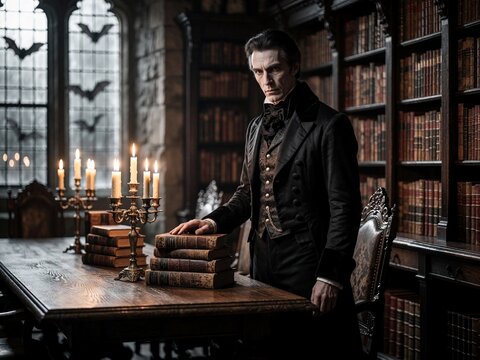 Victorian Vampire Gentleman in Dark Gothic Library with Candelabras