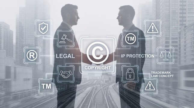 Two businessmen shaking hands against a city background with digital copyright with featuring copyright intellectual intellectual property protection protection symbols overlaid suits shake hands