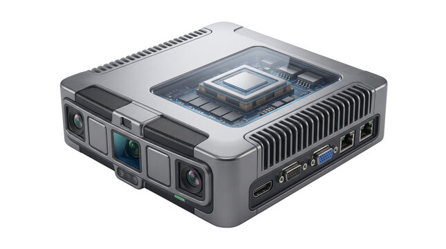 Industrial mini computer with visible processor, compact workstation hardware, metallic silver embedded pc for edge computing