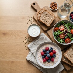Fototapeta premium Healthy breakfast flat lay with oatmeal, salad, bread, and yogurt