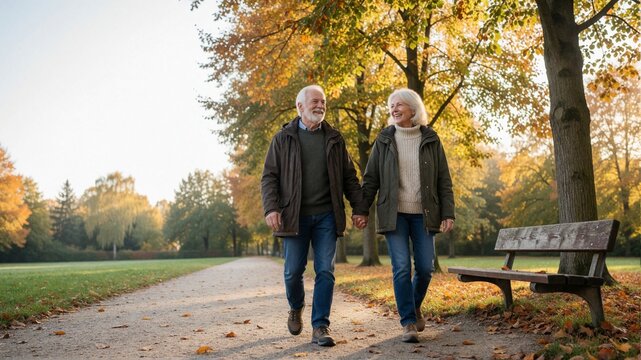 Happy senior couple holding hands walking on a path in an autumn park