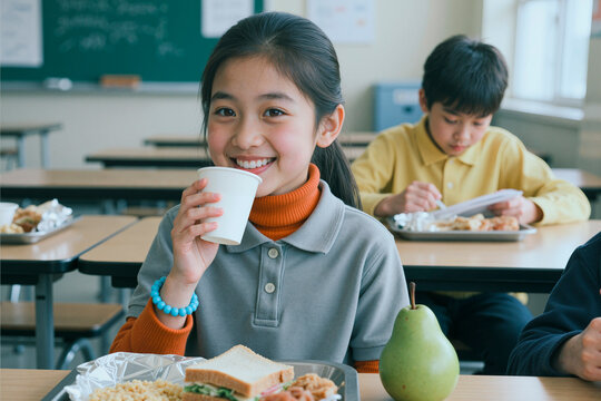 Portrait of Asian schoolgirl drinking from paper cup during cafeteria lunch, smiling at camera while classmate eating in background. Ideal for school nutrition, healthy eating campaigns