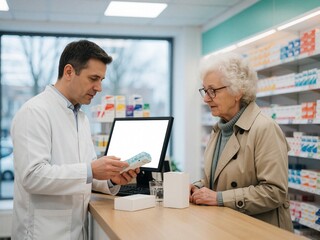Fototapeta premium Pharmacist showing medication organizer to elderly woman