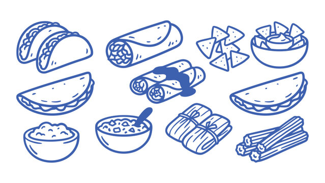 Mexican food hand drawn doodle set featuring tacos burritos and nachos illustrations