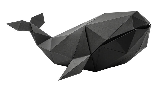 Abstract geometric whale black origami creature design. Low poly marine animal made of facets. 3D polygonal sculpture art. Dark polygon figures. Modern artistic model.