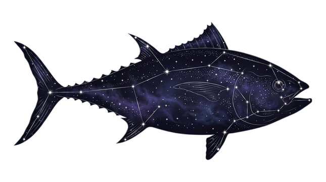 Twin tuna fish constellations with starry night sky patterns, celestial marine animal design. Artistic zodiac constellation illustration with deep blue galaxy texture and navigation lines for