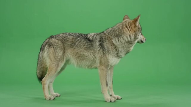 Gray Wolf Turning Its Head and Moving Its Ears on Green Screen Background