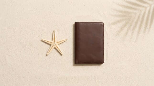 Brown leather passport holder and starfish on beach sand flat lay