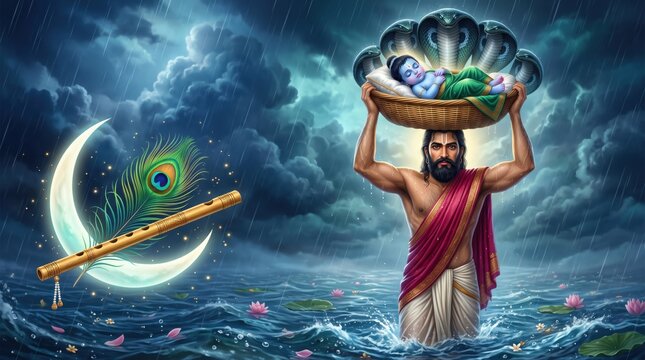 Vasudeva crossing stormy river carrying baby krishna beneath serpent hood with crescent moon krishna janmashtami