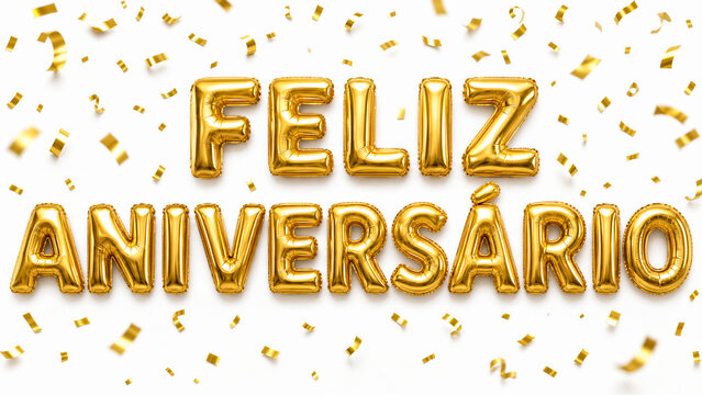 Bal&otilde;es em formato de Feliz Anivers&aacute;rio com pap&eacute;is dourado caindo isolado em fundo branco 