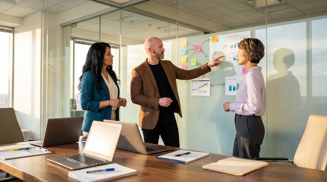Professional diverse team discussing complex project strategy while pointing at colorful sticky notes on a clear glass office whiteboard surface