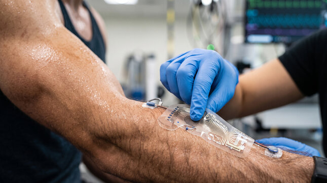 A medical wearing blue latex gloves applies a flexible electronic sensor patch to the ad social media download thambnail poster web template event festival 2026 2027 2028