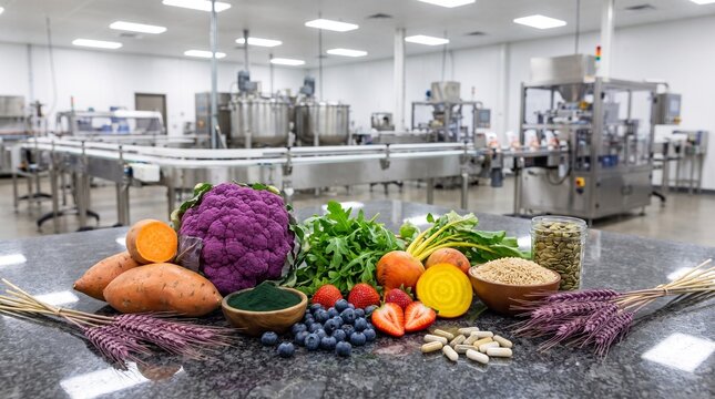 Fresh organic ingredients for supplement manufacturing, clean pharmaceutical food processing factory floor, health product production facility