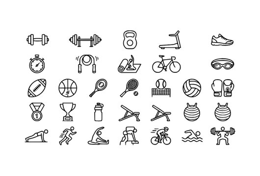 Fitness and sports line icon collection with gym exercise training and athletic activity symbols