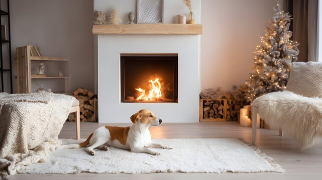 Dog Resting near Burning Fireplace in Cozy Scandinavian Living Room with Christmas Tree. Dog Relaxing on Rug in Minimalist Scandinavian Christmas Interior.