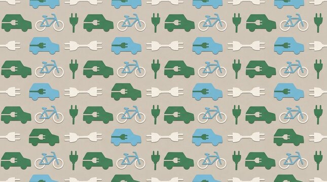 Seamless pattern featuring electric cars and charging plugs arranged neatly in alternating rows representing green energy and eco transport.