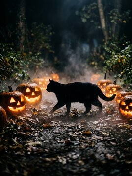 A mysterious silhouette of a black cat prowls along a dirt path surrounded by glowing orange pumpkins carved into jack o lanterns in a dark foggy forest at night.