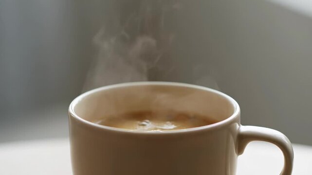 ?Steaming cup of coffee in morning light captured in slow motion