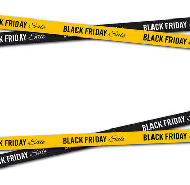 Black Friday Sale Yellow and Black Ribbon Tape Border with Horizontal Banners and Realistic Shadows on Transparent Background for Retail Marketing.