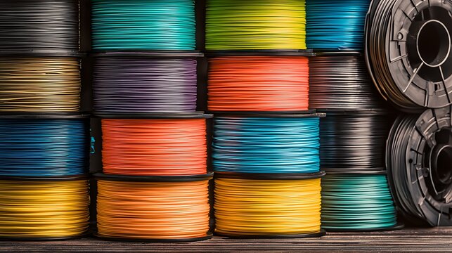 A vibrant assortment of colorful 3D printer filaments stacked on a wooden surface. This collection represents modern manufacturing technology and creative innovation concepts.