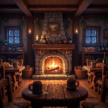 Cozy Pixel Art Tavern Interior with Fireplace and Wooden Tables