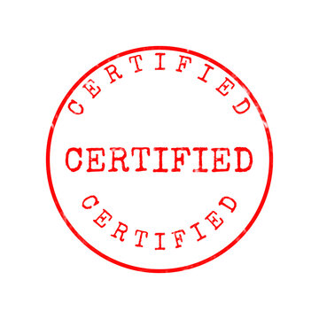 Red round rubber stamp with the word certified written in a distressed vintage typewriter font style design