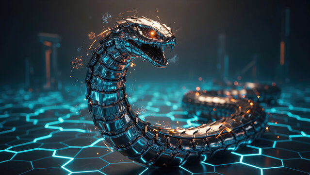 A mechanical metallic snake with glowing eyes moves across a dark glowing hexagonal grid floor with floor featuring bright eyes slithers over sci fi