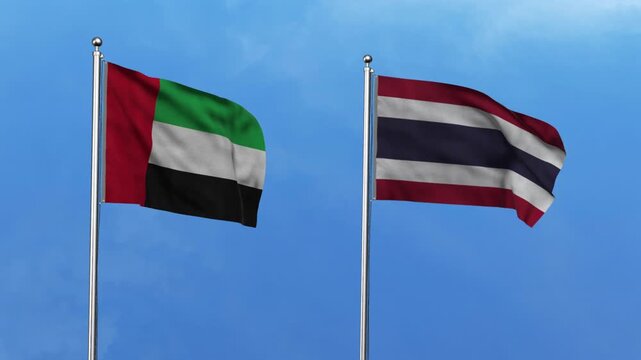 United Arab Emirates  and Thailand Waving Flags, 3D Illustration