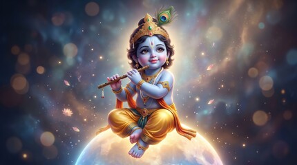 Naklejka premium Adorable baby krishna playing flute sitting on moon in cosmic background, with glowing bokeh, krishna janmashtami