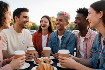 Obraz premium Group of diverse friends laughing together while holding coffee cups o