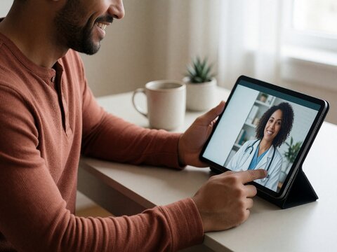 Man smiling while consulting with a doctor via video call on a tablet