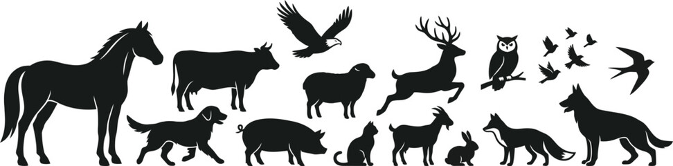 Fototapeta premium Set of wild and farm animal silhouettes including horse cow dog cat deer and birds isolated on a transparent background
