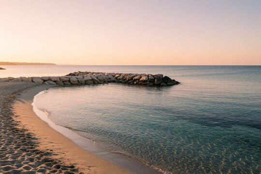 Beautiful coastline at sunset with calm turquoise water, sandy beach. Large rocks form breakwater in sea. Pink sky over ocean horizon during twilight. Peaceful summer evening landscape with clear