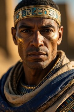 Man wears Egyptian pharaoh attire with golden face paint, hieroglyph headband. Ancient leader looks sternly forward, representing early civilization, power. Detailed costume suggests historical drama.