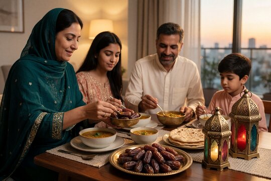 Muslim family enjoying iftar meal with dates at Ramadan
