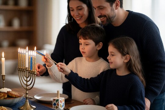 Happy family lighting Hanukkah menorah candles together at home