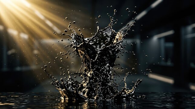 Dark liquid splash rising in illuminated water setting