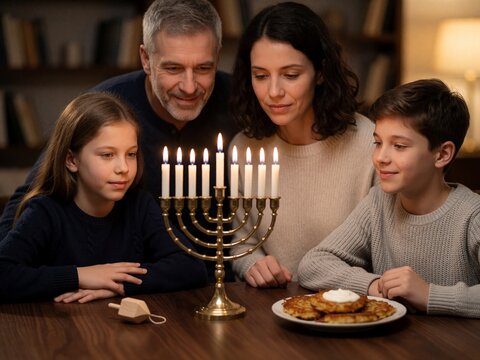 Family celebrating Hanukkah with menorah and latkes