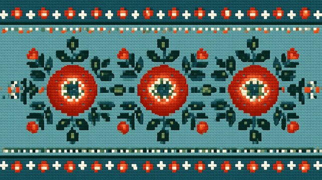 Traditional pixel art folk embroidery pattern with red flowers on blue background. This vintage textile design is perfect for ethnic clothing or decorative crafts.