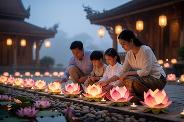 Fototapeta premium Family lighting lotus lanterns at a temple