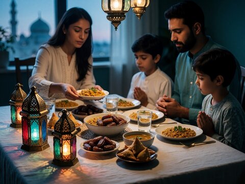 Muslim family praying before iftar meal during Ramadan