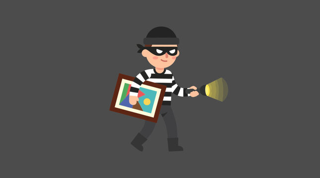 Cartoon thief with stolen art and flashlight
