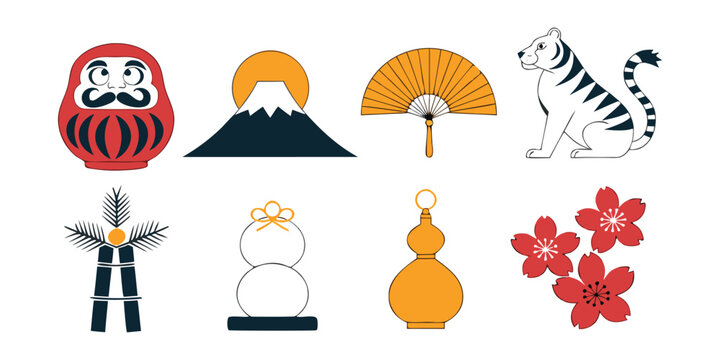 Traditional Japanese New Year flat vector icon set with Daruma tiger and Mount Fuji.