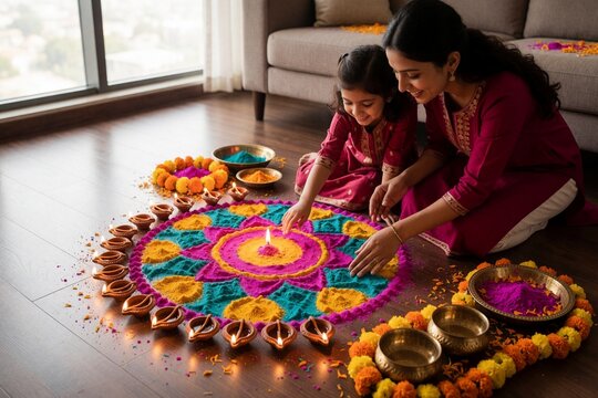 Mother and daughter making a colorful rangoli for Diwali