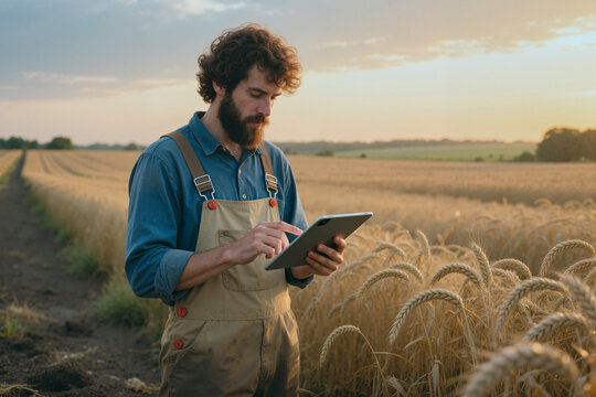 Caucasian young adult farmer using tablet in wheat field, monitoring crop data and precision agriculture workflow. Ideal for agritech marketing, smart farming, rural business