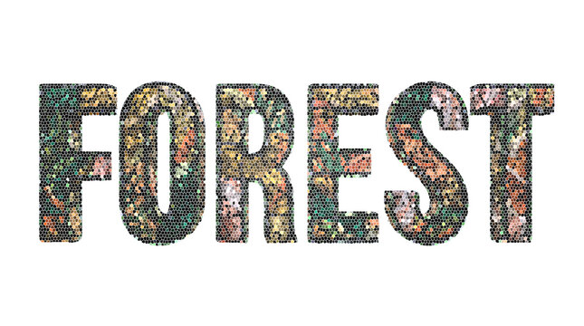 Forest word typography text green nature pattern 3d graphic banner botanical font sign dark
