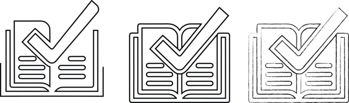 Open book check mark mark approved read study library icon set vector illustration