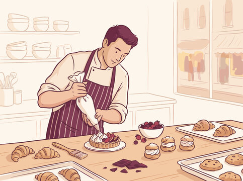 Baker Decorating a Dessert Tart with Piping Bag in Kitchen